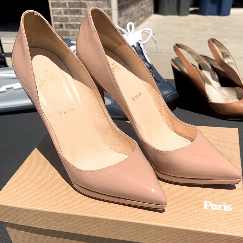 Christian Louboutin’s Pigalle 120 patent with box, bag and OEM shoe tips.